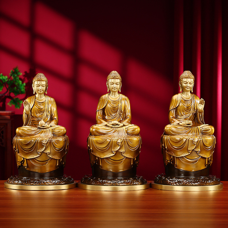 彩铜三宝佛摆件阿弥陀佛释迦牟尼药师佛人物像摆设工艺品